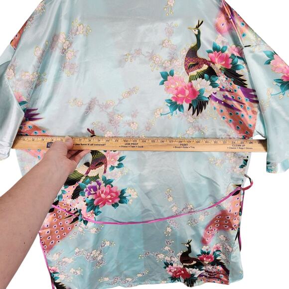 Kimono Robe OS Women Short Light Blue Pink Peach Purple Peacocks Flowers Silky - Picture 7 of 8
